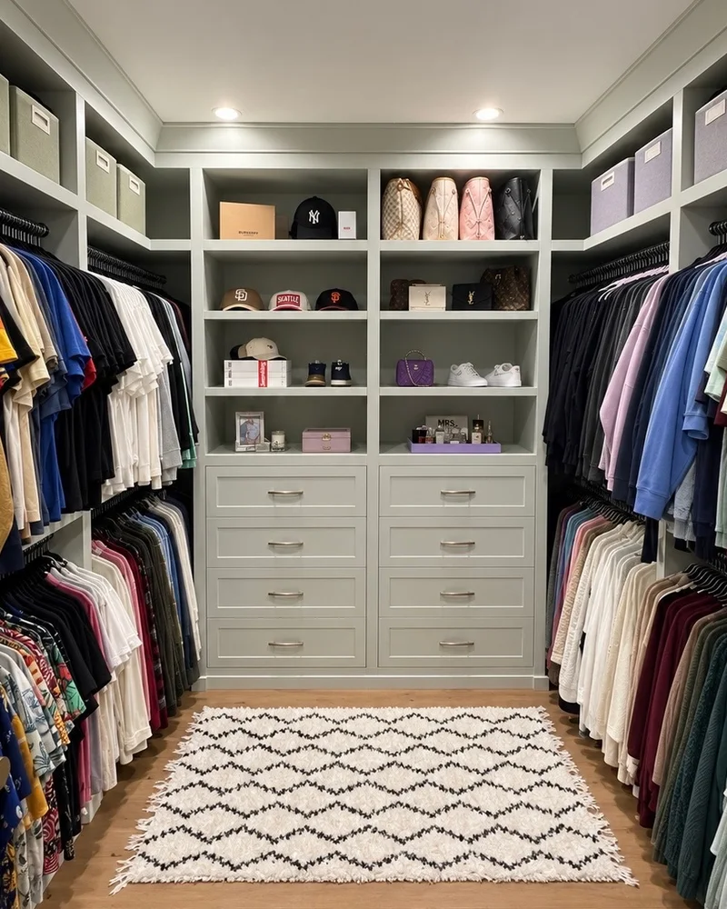 His and hers walk-in closet with sage cabinetry, center drawers and a diamond rug