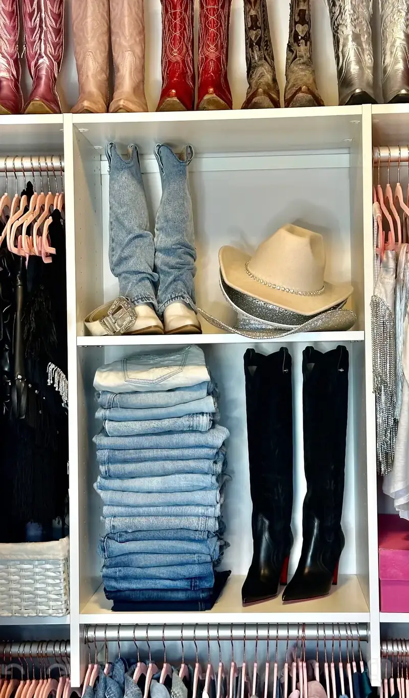 After: Nashville walk-in closet cubby with folded jeans, a cowboy hat and tall black boots