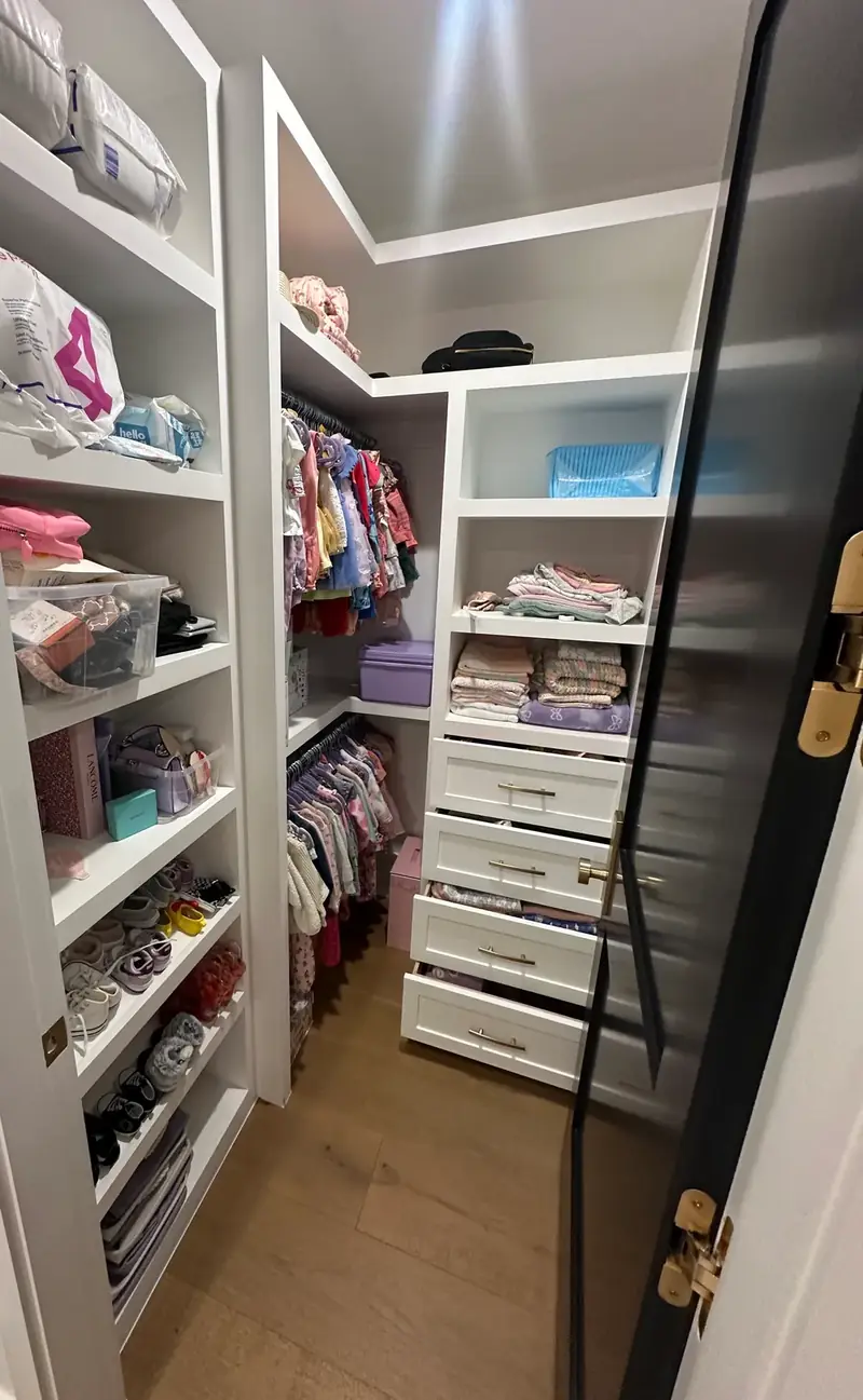 Before: West Hollywood girl's walk-in closet with shoes, bags and bins on open shelves