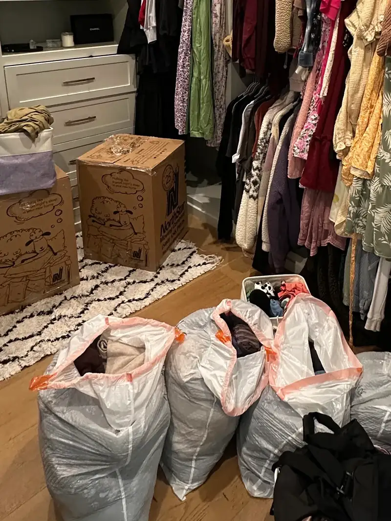 Before: West Hollywood walk-in closet with trash bags full of clothes on the floor under crowded rods