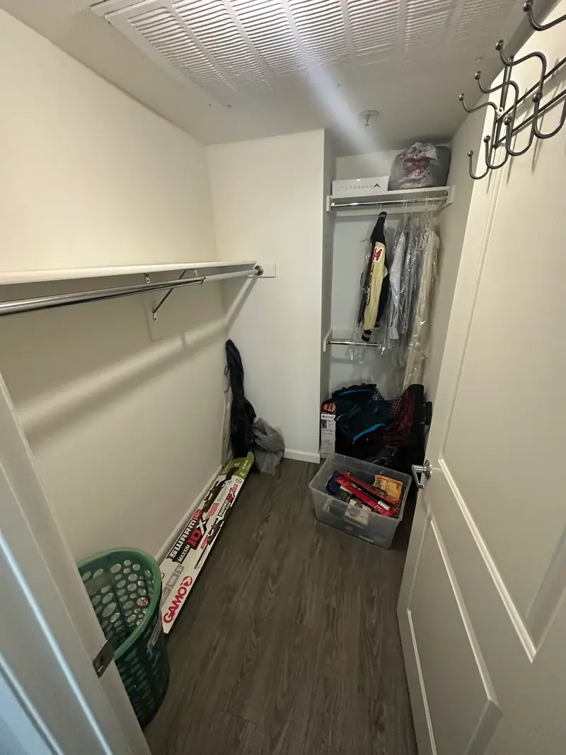 Before: almost empty West Hollywood walk-in closet with a few bags and a box on the floor